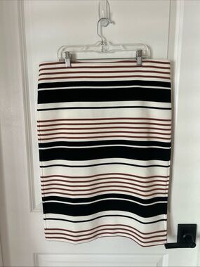 Loft Women’s Sz L  Black White Brown Striped Stretch Knit Pencil Skirt Office